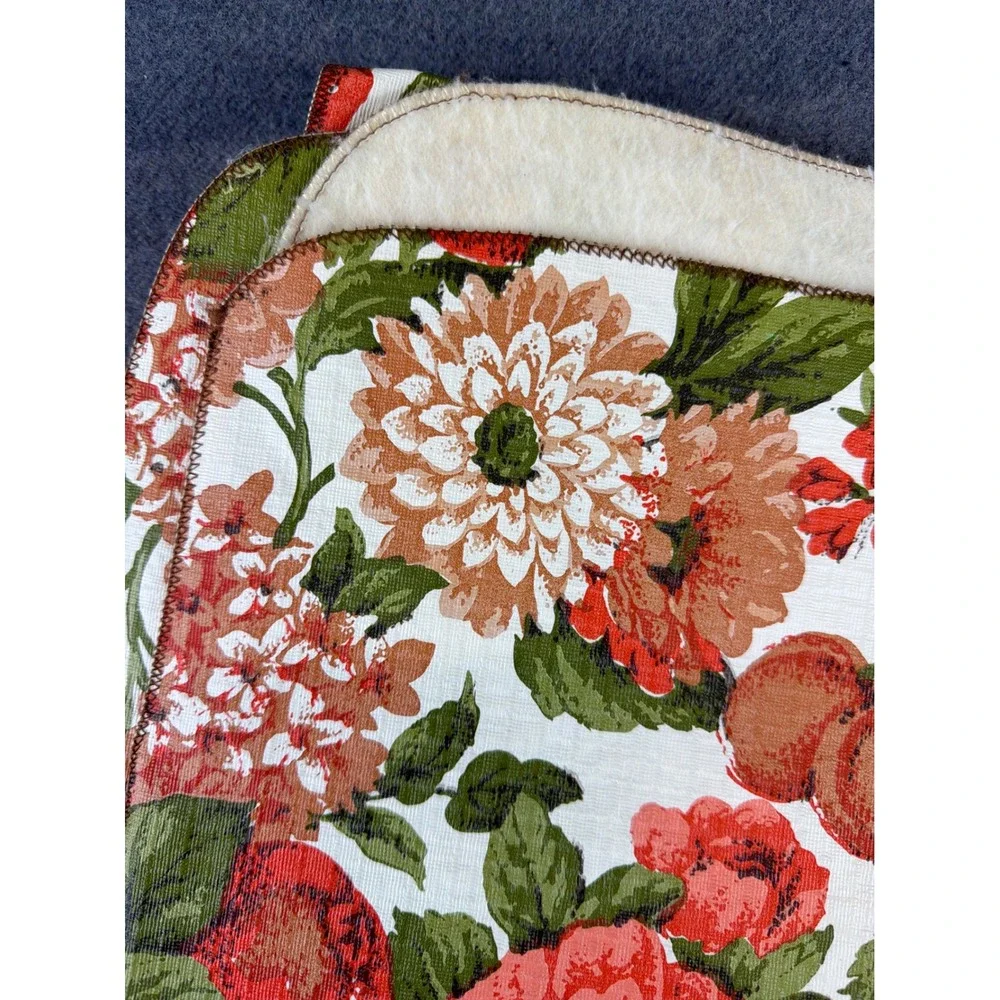 Vintage‎ Table Cloth White Orange  Floral Flannel backed 70s 52x52 Square Vinyl